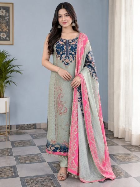Sky Blue Festive Wear Berry Silk Kurta Pant Dupatta Set with Bracelets at Wholesale Rate Kurtis