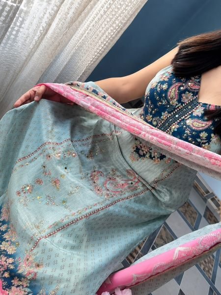 Sky Blue Festive Wear Berry Silk Kurta Pant Dupatta Set with Bracelets at Wholesale Rate Printed Kurtis