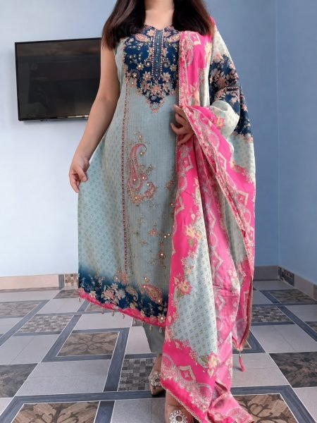Sky Blue Festive Wear Berry Silk Kurta Pant Dupatta Set with Bracelets at Wholesale Rate Printed Kurtis