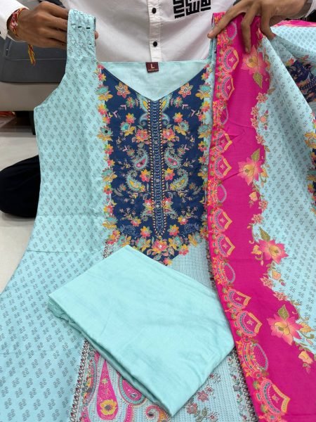 Sky Blue Festive Wear Berry Silk Kurta Pant Dupatta Set with Bracelets at Wholesale Rate Printed Kurtis