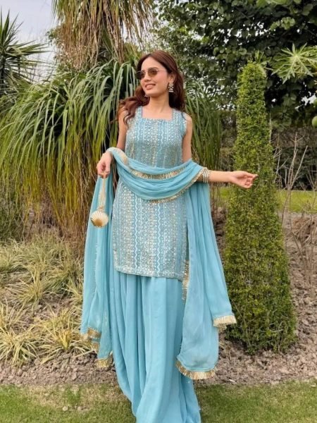 Sky Blue Fox Georgette Embroidered Palazzo Suit with Dupatta for Wedding Functions 
