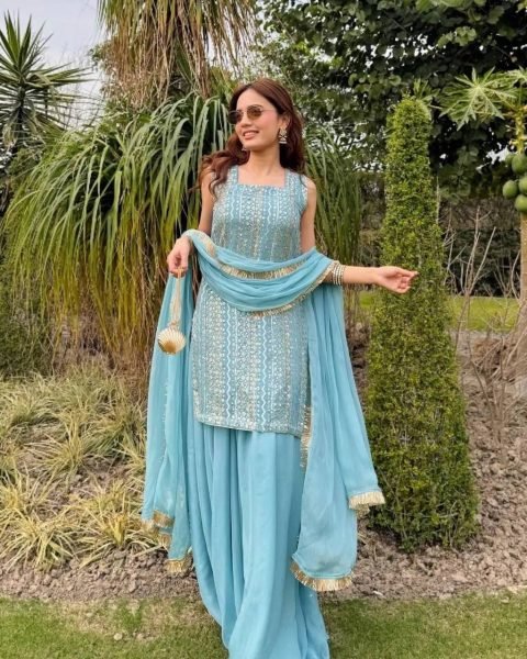 Sky Blue Fox Georgette Embroidered Palazzo Suit with Dupatta for Wedding Functions Ready To Wear Collection