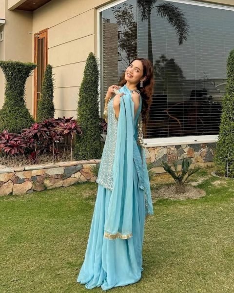 Sky Blue Georgette Embroidered Suit with Flared Palazzo and Dupatta at Low Price Ready To Wear Collection