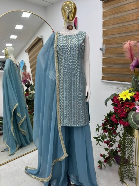 Sky Blue Georgette Embroidered Suit with Flared Palazzo and Dupatta at Low Price Ready To Wear Collection