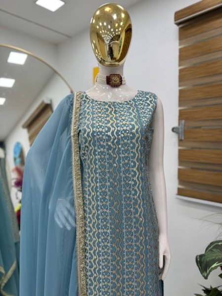 Sky Blue Georgette Embroidered Suit with Flared Palazzo and Dupatta at Low Price Ready To Wear Collection