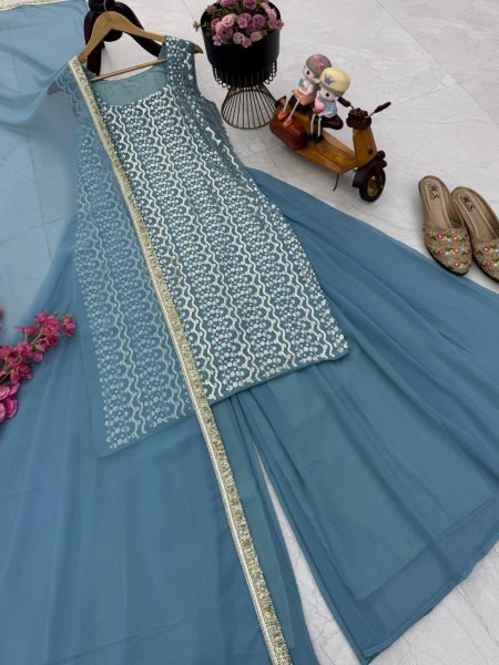 Sky Blue Georgette Embroidered Suit with Flared Palazzo and Dupatta at Low Price Ready To Wear Collection