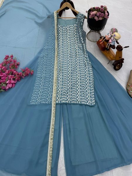 Sky Blue Georgette Embroidered Suit with Flared Palazzo and Dupatta at Low Price Ready To Wear Collection