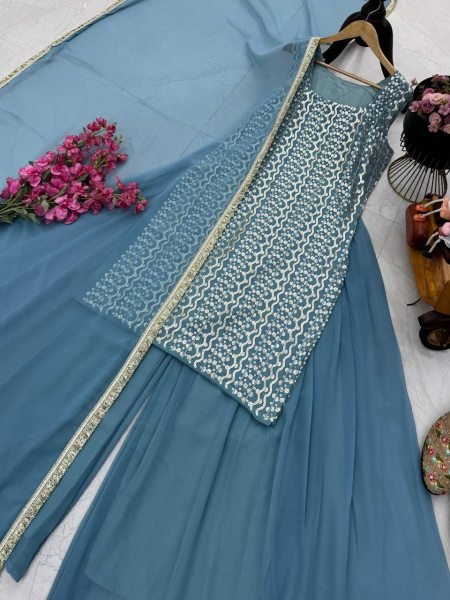 Sky Blue Georgette Embroidered Suit with Flared Palazzo and Dupatta at Low Price Ready To Wear Collection