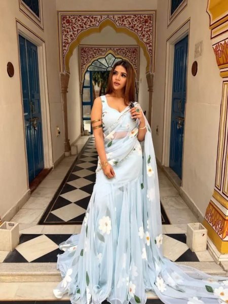 Sky Blue Georgette Lehenga Saree with Hand-Painted White Floral Motifs Sarees 