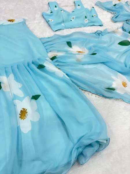 Sky Blue Georgette Lehenga Saree with Hand-Painted White Floral Motifs Ready To Wear Saree 