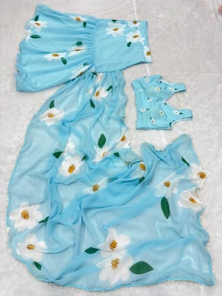 Sky Blue Georgette Lehenga Saree with Hand-Painted White Floral Motifs Ready To Wear Saree 