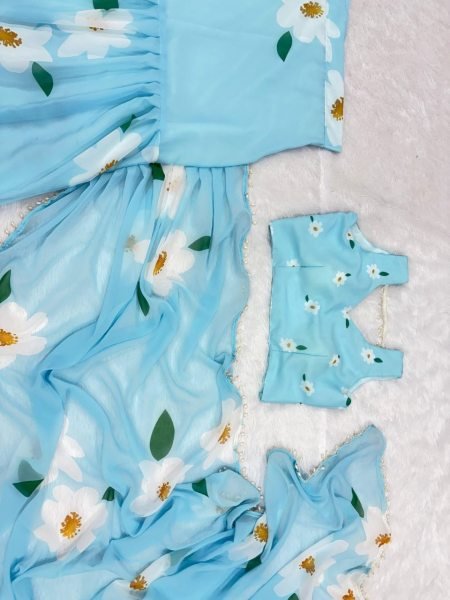 Sky Blue Georgette Lehenga Saree with Hand-Painted White Floral Motifs Ready To Wear Saree 
