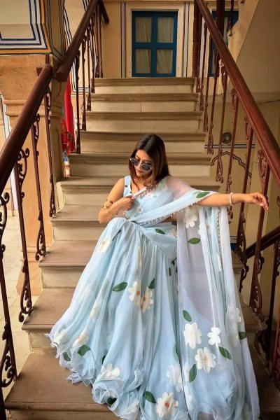 Sky Blue Georgette Lehenga Saree with Hand-Painted White Floral Motifs Ready To Wear Saree 