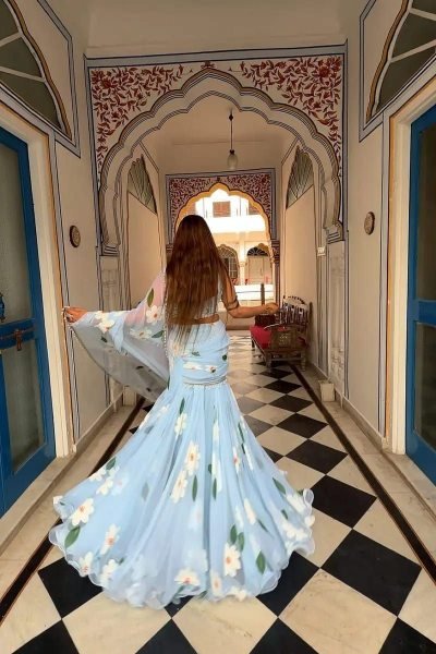 Sky Blue Georgette Lehenga Saree with Hand-Painted White Floral Motifs Ready To Wear Saree 