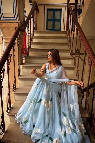 Sky Blue Georgette Lehenga Saree with Hand-Painted White Floral Motifs Ready To Wear Saree 