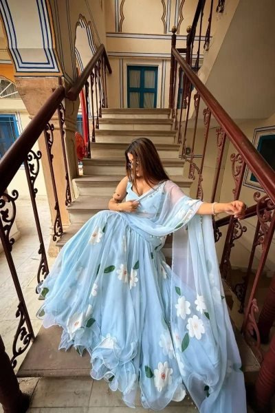 Sky Blue Georgette Lehenga Saree with Hand-Painted White Floral Motifs Ready To Wear Saree 