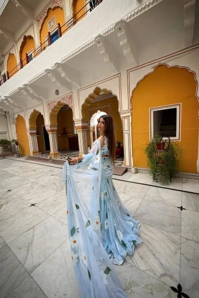 Sky Blue Georgette Lehenga Saree with Hand-Painted White Floral Motifs Ready To Wear Saree 