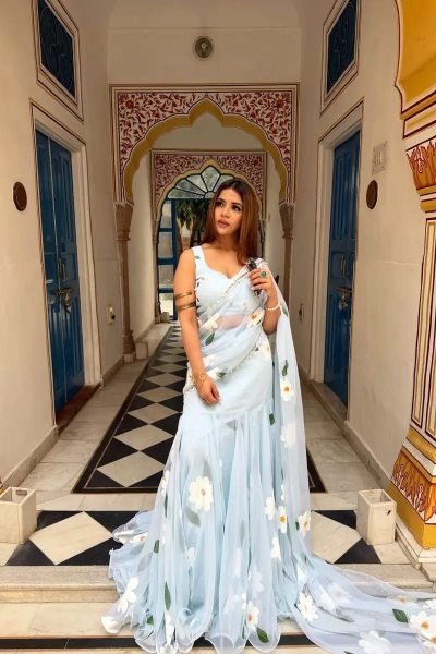 Sky Blue Georgette Lehenga Saree with Hand-Painted White Floral Motifs Ready To Wear Saree 