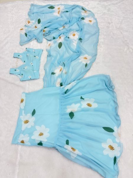 Sky Blue Georgette Lehenga Saree with Hand-Painted White Floral Motifs Ready To Wear Saree 