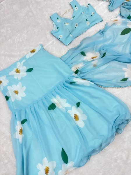 Sky Blue Georgette Lehenga Saree with Hand-Painted White Floral Motifs Ready To Wear Saree 