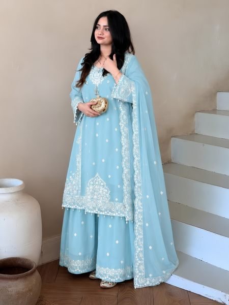 Sky Blue Heavy Fox Georgette Embroidered Top Palazzo Set For Wholesale Rate Ready To Wear Suit