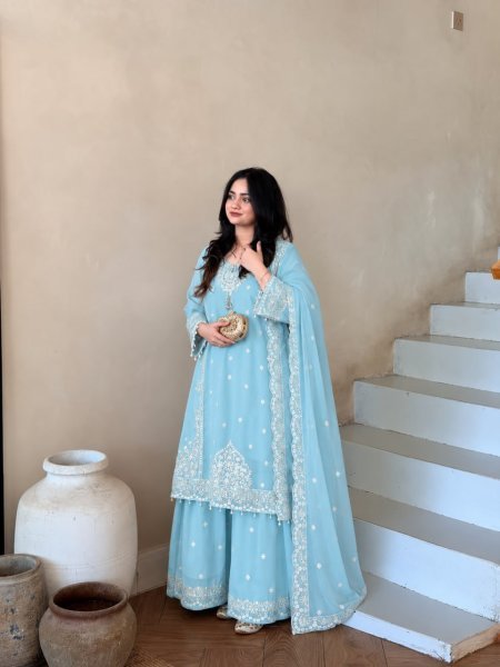 Sky Blue Heavy Fox Georgette Embroidered Top Palazzo Set For Wholesale Rate Ready To Wear Collection