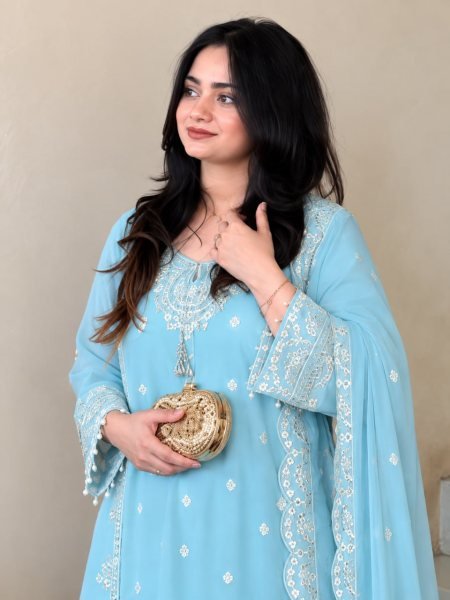 Sky Blue Heavy Fox Georgette Embroidered Top Palazzo Set For Wholesale Rate Ready To Wear Collection