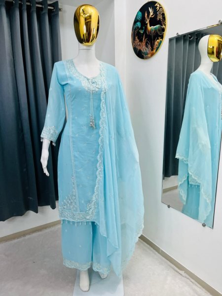 Sky Blue Heavy Fox Georgette Embroidered Top Palazzo Set For Wholesale Rate Ready To Wear Collection