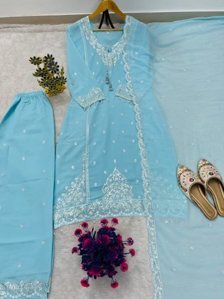Sky Blue Heavy Fox Georgette Embroidered Top Palazzo Set For Wholesale Rate Ready To Wear Collection