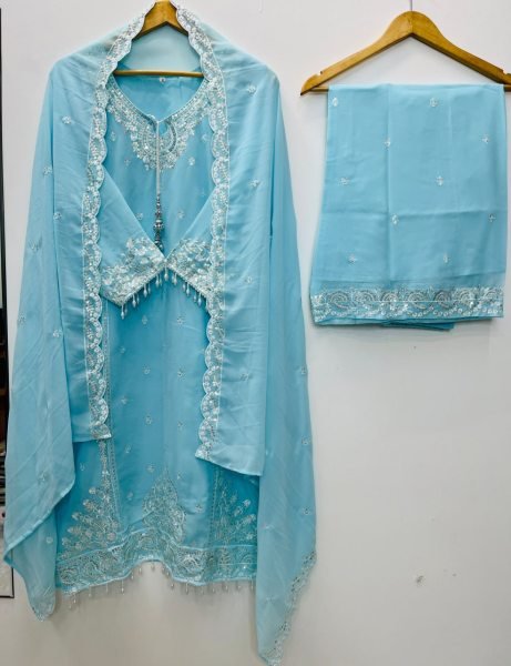 Sky Blue Heavy Fox Georgette Embroidered Top Palazzo Set For Wholesale Rate Ready To Wear Collection
