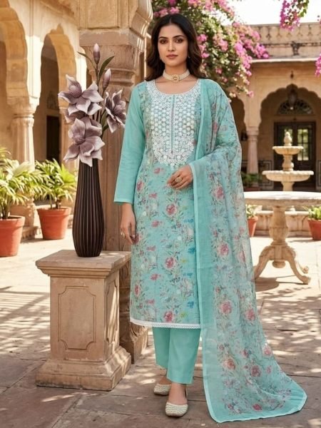 Sky Blue Mal Cotton Digital Printed Kurti with Santoon Pant and Dupatta at Wholesale Rate 