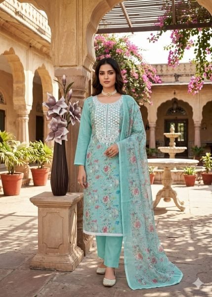 Sky Blue Mal Cotton Digital Printed Kurti with Santoon Pant and Dupatta at Wholesale Rate Color Set Matching Dress Material Wholesale