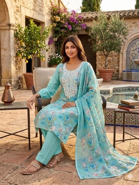 Sky Blue Mal Cotton Digital Printed Kurti with Santoon Pant and Dupatta at Wholesale Rate Color Set Matching Dress Material Wholesale