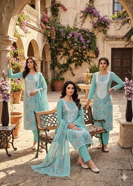 Sky Blue Mal Cotton Digital Printed Kurti with Santoon Pant and Dupatta at Wholesale Rate Color Set Matching Dress Material Wholesale