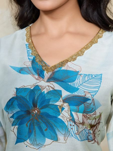 Sky Blue Muslin Silk Floral Digital Print Kurta with Pant and Dupatta Ready to Wear Party Outfit 3 Piece Kurti Set