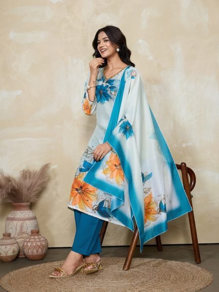 Sky Blue Muslin Silk Floral Digital Print Kurta with Pant and Dupatta Ready to Wear Party Outfit 3 Piece Kurti Set