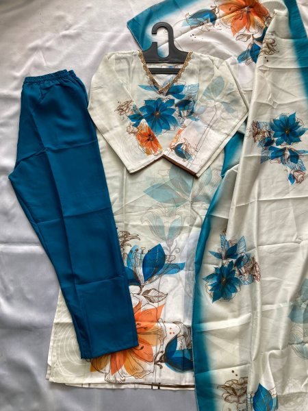 Sky Blue Muslin Silk Floral Digital Print Kurta with Pant and Dupatta Ready to Wear Party Outfit 3 Piece Kurti Set