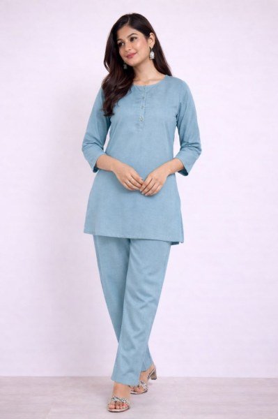 Creative Sky Blue Premium Plain Kurti Pant Set in Soft Cotton Blend Fabric for Women CO ORD Sets