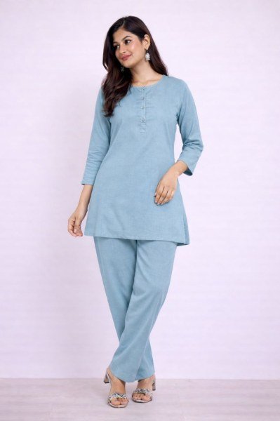 Creative Sky Blue Premium Plain Kurti Pant Set in Soft Cotton Blend Fabric for Women CO ORD Sets