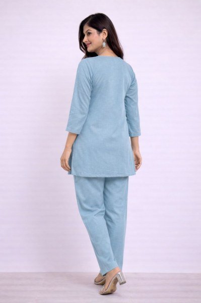 Creative Sky Blue Premium Plain Kurti Pant Set in Soft Cotton Blend Fabric for Women CO ORD Sets