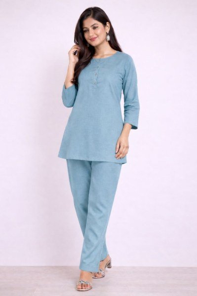 Creative Sky Blue Premium Plain Kurti Pant Set in Soft Cotton Blend Fabric for Women CO ORD Sets
