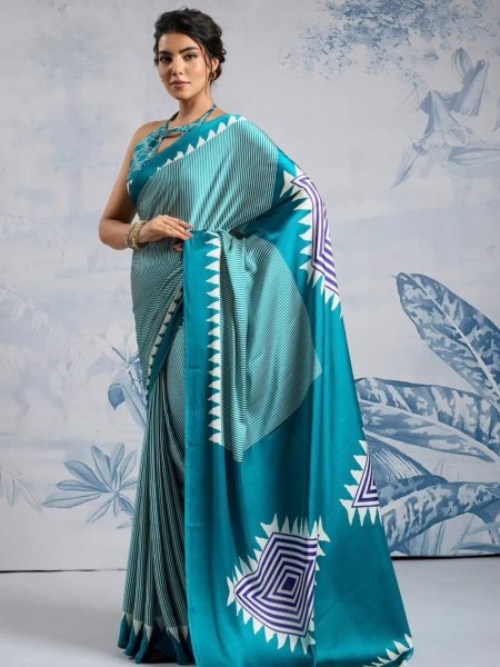 Sky Blue Printed Saree With Blouse pice for Women Casual and Festive Look Sarees 