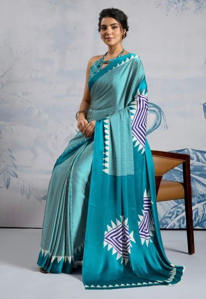 Sky Blue Printed Saree With Blouse pice for Women Casual and Festive Look Printed Cotton Sarees Wholesale