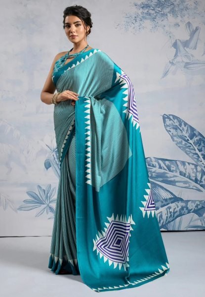Sky Blue Printed Saree With Blouse pice for Women Casual and Festive Look Printed Cotton Sarees Wholesale