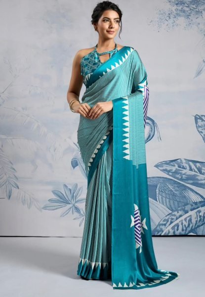 Sky Blue Printed Saree With Blouse pice for Women Casual and Festive Look Printed Cotton Sarees Wholesale