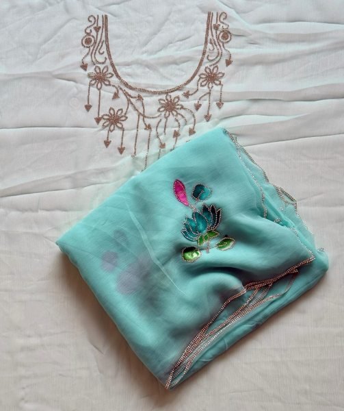 SKy Blue Pure Chiffon Saree with All Over Jarkan Border and Matching Chiffon Blouse Pure Chiffon Sarees Wholesale