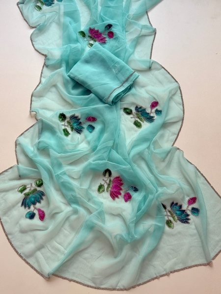 SKy Blue Pure Chiffon Saree with All Over Jarkan Border and Matching Chiffon Blouse Pure Chiffon Sarees Wholesale