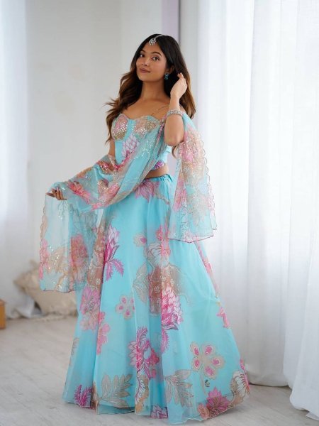 Sky Blue Pure Organza Lehenga Set with Corset Blouse and Designer Batwa Wedding Wear  Lehenga
