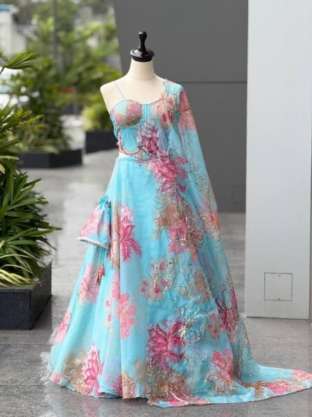 Sky Blue Pure Organza Lehenga Set with Corset Blouse and Designer Batwa Wedding Wear Designer Lehenga Choli
