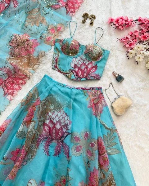 Sky Blue Pure Organza Lehenga Set with Corset Blouse and Designer Batwa Wedding Wear Designer Lehenga Choli